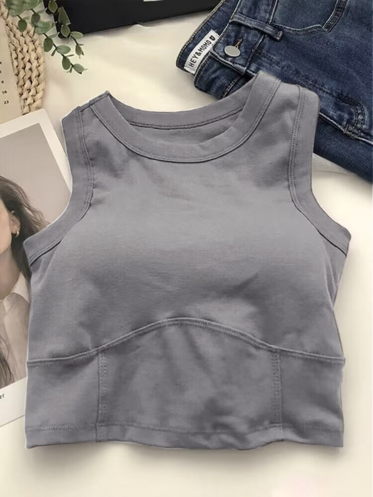 ATHVOTAR Top Women Seamless Summer Streetwear Slim Solid Wireless Crop Tops with Chest Pad Undershirt Sleeveless Camisole Top