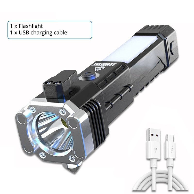 USB Charging Super Bright LED Flashlight with Safety Hammer Side Light Torch Light Portable Lantern Outdoor Adventure Lighting